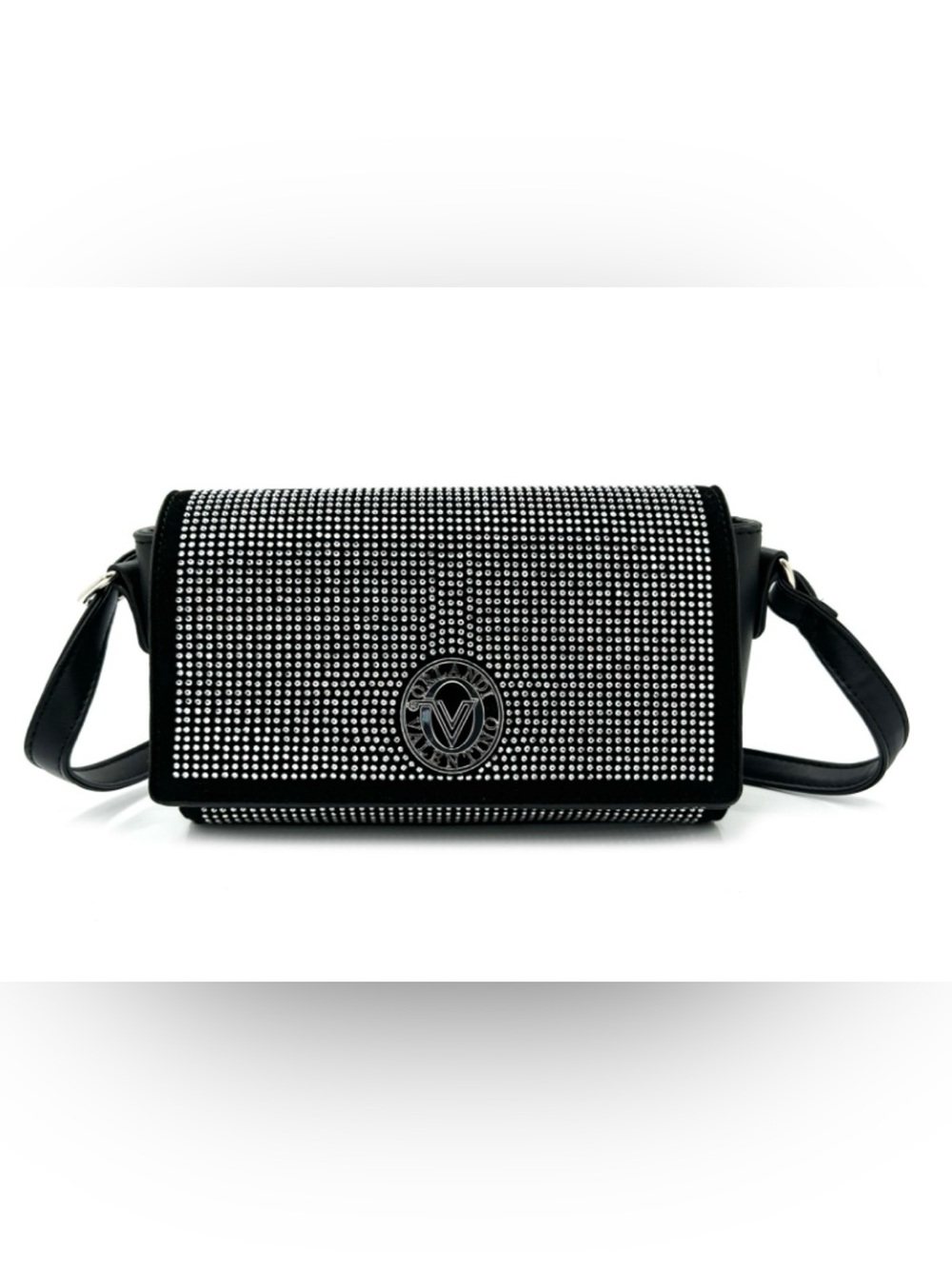 Black Rhinestone Crossbody Bag with Logo Accent by Valentino Orlandi